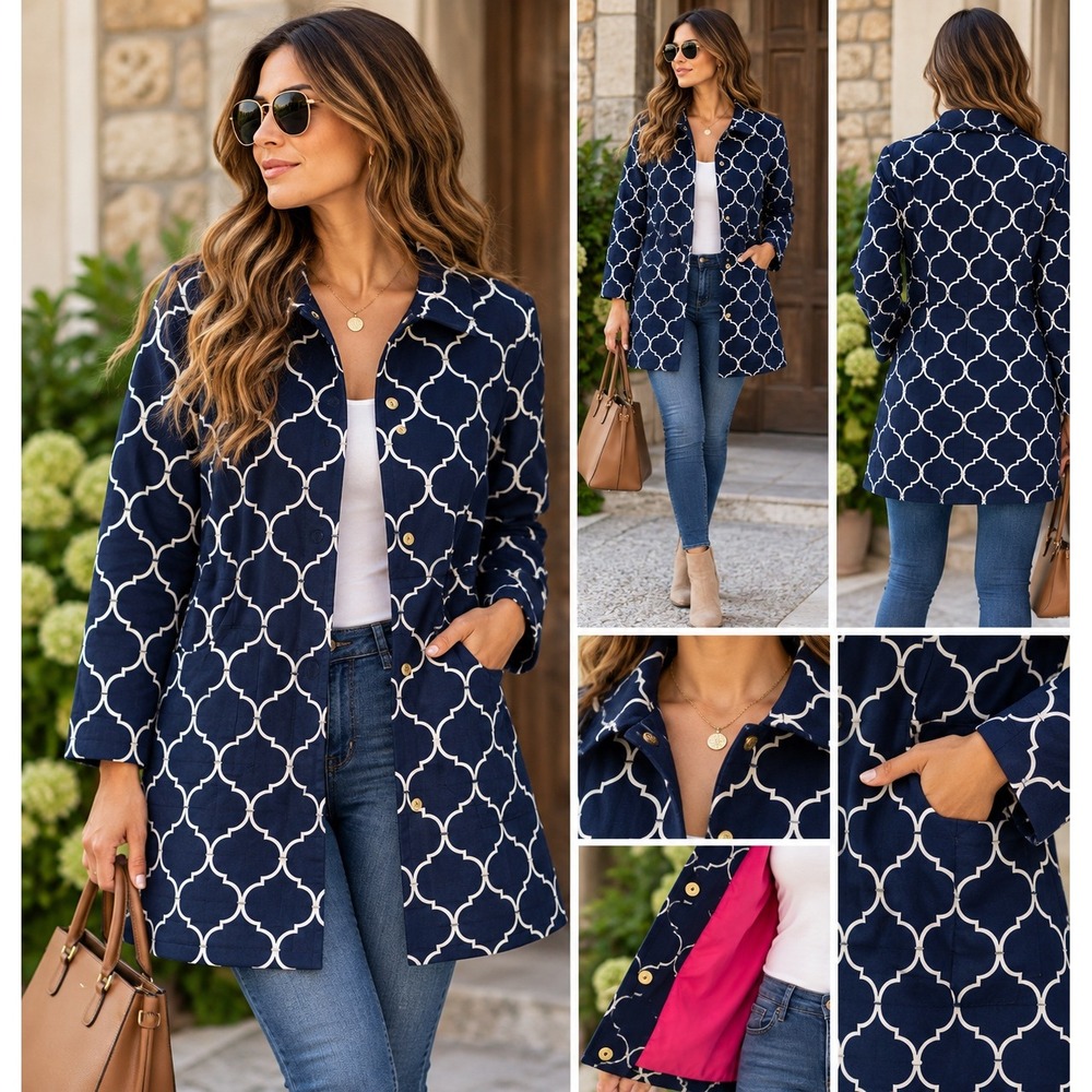 Charter Club Women's L Navy Blue White Quatrefoil Print Jacket Cotton